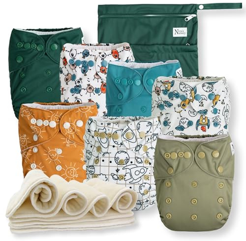 Baby Cloth Pocket Diapers 7 Pack, 7 Bamboo Inserts, 1 Wet Bag Outer Space | Verstellbare Taschenwindeln, Einheitsgröße, inkl. 7 Einlagen und 1 Nassbeutel, für Neugeborene und Kleinkinder, Weltraum