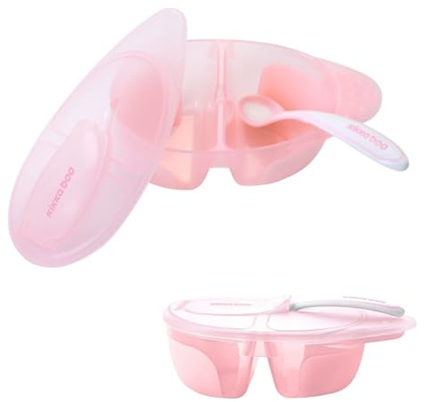 Kikkaboo Kinderschüssel Tasty Doppelkammer, Löffel, Deckel, großes Fach 150 ml rosa