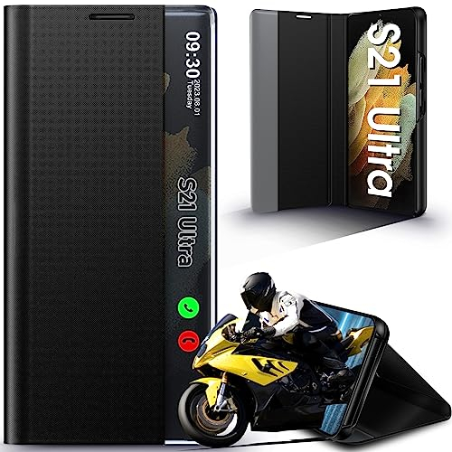 Handyhülle für Samsung Galaxy S21 Ultra Hülle Klappbar, Luxus Dünn Spiegel Flip Leder Hard PC Stoßfest Case Cover Galaxy S21 Ultra 5G Hülle mit Ständer, Clear View für Samsung S21 Ultra 5g Etui
