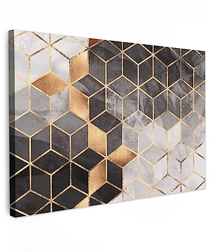 MuchoWow© Bilder 90x60 cm Wohnzimmer Goldene Deko Modern Wandbild Foto auf Leinwand Bild Schlafzimmer Room Decor Geschenke Abstrakt - Würfel - Gold - Muster - Schwarz und Weiß