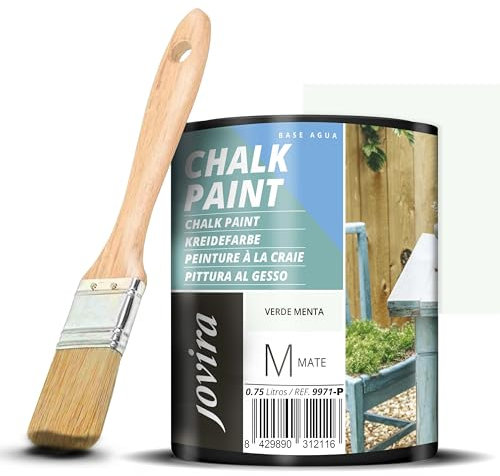 JOVIRA PINTURAS Pintura Tiza - Chalk Paint al Agua Mate + Pincel especial para madera. Renueva tus muebles con creatividad. (750 Mililitros, Verde Menta + Pincel)