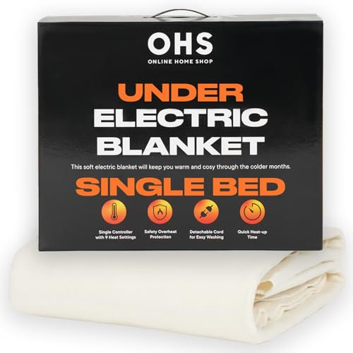 OHS Electric Blanket Single, Heated Underblanket Sheet 3 Heat Settings Heated Mattress Topper Quick Heat Up Easy Fit Straps Overheat Protection Bed Warmer, White - 135 x 60cm