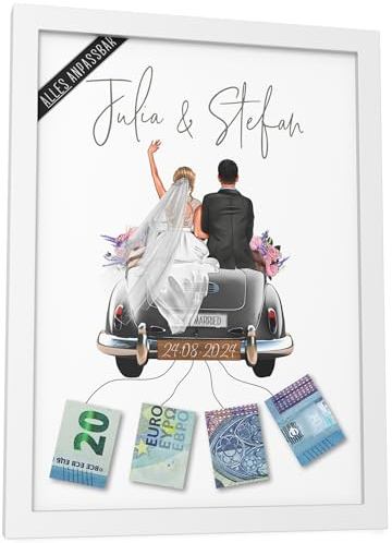 Papierschmiede® Personalisiertes Geldgeschenk Hochzeit | PAAR IST ANPASSBAR | DIY Hochzeitsgeschenke für Brautpaar | A5 Poster mit Rahmen Hochzeitsauto Geld Geschenk Bild „Old Car“