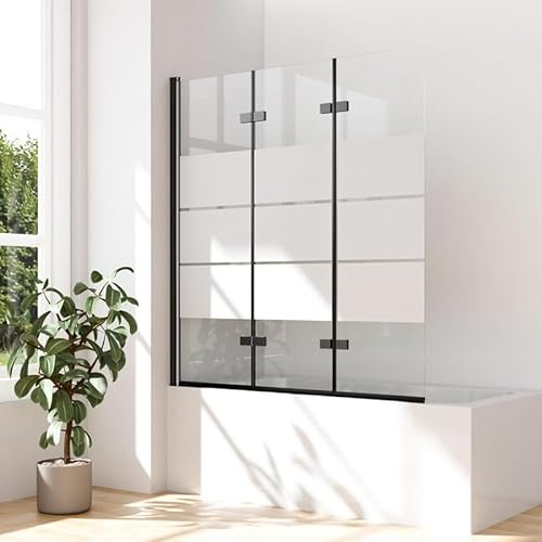 WOWINNE Duschwand für Badewanne Gestreift, Duschwand 140x140cm Badewannenaufsatz Duschwand Gestreift Schwarz 3-teilig Faltbar Duschabtrennung Badewanne mit 6mm NANO ESG-Glas