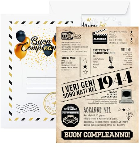 Idea Regalo Compleanno Originale 80 Anni Uomo Donna - Giornale I Veri Geni sono Del ‘44 - Maxi Biglietto Auguri 80 Anni Uomo - Idee Regali Compleanno Originali - Gadget Scherzi Biglietti Divertenti
