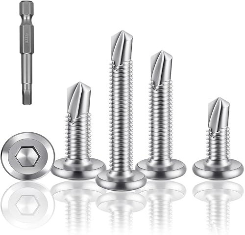 HXJDAM Lot de 90 vis autotaraudeuses à tête plate en acier inoxydable 410, vis auto-taraudeuses, M5,5 x 35 mm, argentées, avec foret à six pans creux