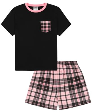ThePyjamaFactory Pyjama Court en Coton à Carreaux Noirs et Roses pour Filles PJ's pour Enfants