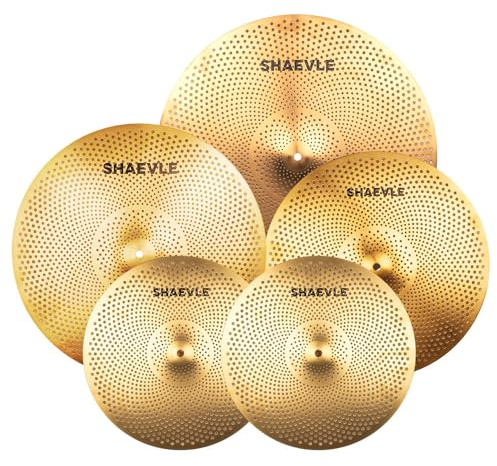 SHAEVLE Paquete de platillos silenciosos dorados de bajo volumen de 35,5 cm Hi-hat+40,6 cm Crash+45,7 cm Crash + 50,8 cm para práctica