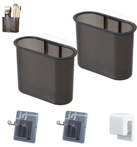 2PCS Toothbrush Holders, Wall Mounted Toothbrush Organizer with 2 Self Adhesive Toothbrush Hanger and Toothpaste Clip, No Drilling Black Electric Toothbrush Cup for Shower Bathroom Kitchen (Black)