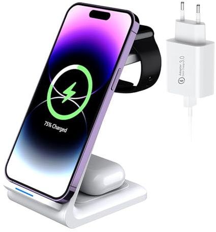 3 in 1 Induktive Ladestation für Apple Watch und iPhone 15/14/13/12/11, AirPods, Kabelloses Handy Ladegerät Wireless Charger Samsung Galaxy S24 Ultra S23 S22 S21 FE S20, Google Pixel 9 8 Pro 7 a 6 XL