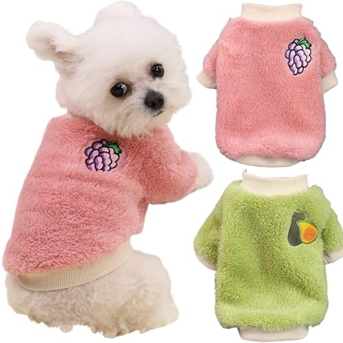 Yaopelky Ropa de invierno para perros pequeños y medianos, forro polar, mono de cuello redondo, lindo estampado de frutas, atuendo para gatos para Chihuahua, Yorkie, Teddy, Rosa-Verde, Talla M, 2
