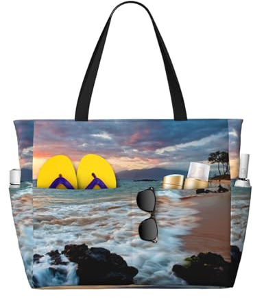 Zhengjia Beach Maui Hawaii Sonnenuntergang Wolken Große Kapazität Strand Reisetasche Wasserdichte Strandtasche mit Reißverschluss und Tasche, Tragetaschen für Reisen, Einkaufen, Pool, Beach Maui