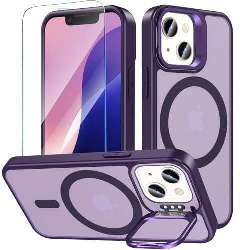 OWKEY Custodia magnetica per iPhone 13 Mini, iPhone 12 Mini, con supporto, trasparente, opaca, con pellicola protettiva in vetro, compatibile con MagSafe, militare, antiurto, viola