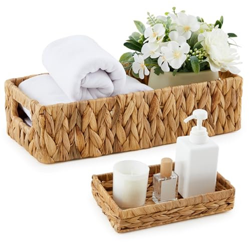 Juego de 2 cestas de Papel higiénico para la Parte Posterior del Inodoro, Cesta de Mimbre de Jacinto de Agua y Bandeja de tocador con Asas integradas para Toalla de Mano de Papel, baño, hogar, SPA