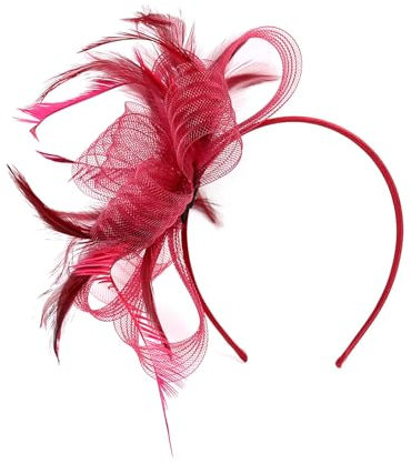 CCAIPU Fascinators Hut für Frauen, Blume Federn Mesh Hüte Tea Party Hut Derby Hut Haar Zubehör Hochzeit Hüte (Rot-A, One Size)