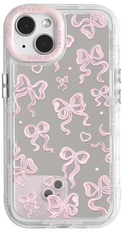 NITITOP Compatible with iPhone 14 Case Cute Mirror Bow Love Heart Pattern for Women Girls Ribbon Design Shockproof Silver Protective Phone Cover - Light Pink Bow