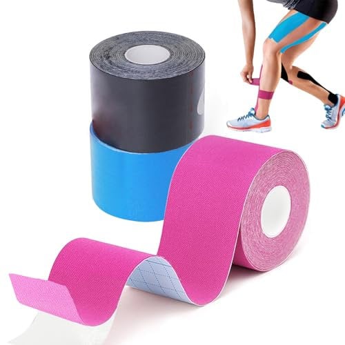 GTAGKOMMEN Kinesiologie Tape - 3 Kinesiotapes Rollen (5cm x 5m) Kinesiotape - Profi Physio Tape und Sporttape - wasserfeste & Hautfreundliche Sport Tapes für Muskelunterstützung, Knieschmerzen