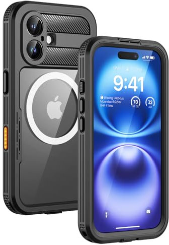 Lanhiem for iPhone 16 Waterproof Case, [Compatible with MagSafe] Heavy Duty Shockproof Dustproof Cover with Built in Screen Protector, Protective Magnetic Phone Case for iPhone 16-6.1 inch (Black)