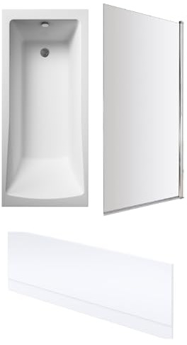 Balterley 1700 x 700mm Square Shower Bath with Leg Set, Chrome Rectangular Shower Screen & Front Bath Panel, Straight Single Ended Gloss White Soaking Bathtubs, Rectangular Soaking Bathtub