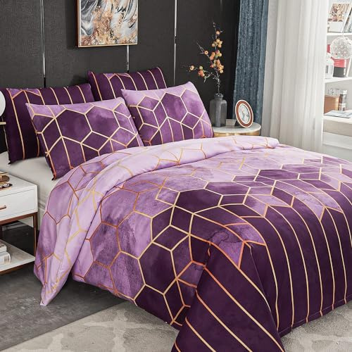 Freyamy Bettwäsche 220x240 cm Geometrische Marmor Kariert Wendebettwäsche Violett Lila Microfaser Modern Doppelbett Bettbezug mit Reißverschluss und 2 Kissenbezug 80x80cm