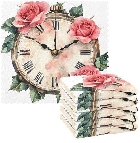 Mnsruu Mikrofaser Reinigungstücher Uhr Rosen Weihnachten Wiederverwendbare Geschirrtücher zum Abwaschen 6er Pack Schwedisches Geschirrtuch Mikrofaser Reinigungstücher Waschbar Staubtücher Tuch Home
