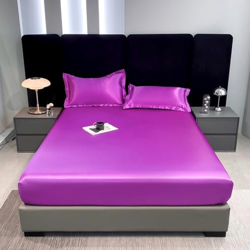 Nayoroom Spannbettlaken 140x200 cm Boxspringbett Lila Satin Bettlaken Violett Entspanno Seide Glanzsatin Matratzenbezug Gummizug Matratzentopper Seiden Spannbetttuch für Topper Matratze bis Höhe 30