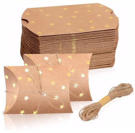 50 Piezas Cajas de Almohada Kraft Vintage, Caja de Regalo de Papel Kraft, Cajas Almohadas de Kraft, Cajas de Almohadas, Cajas de Regalo Kraft Vintage, con Cuerda para Boda, Fiesta, Navidad