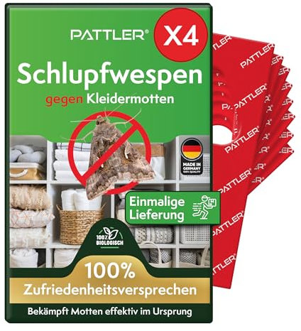 PATTLER® Schlupfwespen gegen Kleidermotten - 4 Karten à 1 Lieferung - Effektiv Kleider Motten bekämpfen - Alternative zur Mottenfalle, Mottenspray, Pheromonfalle (4 Karten à 1 Lieferung)