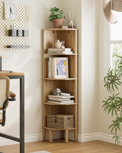 Apetaccat Eckregal, Ecke Bücherregal mit 5 Ebenen,Pflanzenregal, Anzeige Aufbewahrungsregal für Wohnzimmer,Büro,Schlafzimmer,127x29x29cm, Eichenholz