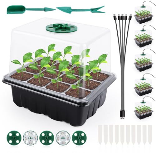 NVIYAM Lot de 5 mini serres de culture à 60 cellules avec lumière, serre d'intérieur avec couvercle haut, boîte de culture pour plantes, petite station de culture