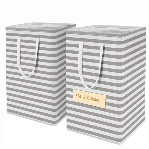 Groß Faltbarer Wäschekorb 2er-Set mit Griffen – Wasserdichter Wäschesammler & Wäschesack, 75L Wäschekörbe aus PE-beschichtetem Material (Grau-Weiß Gestreift) für Haushalt/Camping