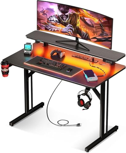 Grandder 120 cm Gaming Desk with LED Lights & Power Outlets, Computer Table with Monitor Stands and Hook and Cup Holder, Black