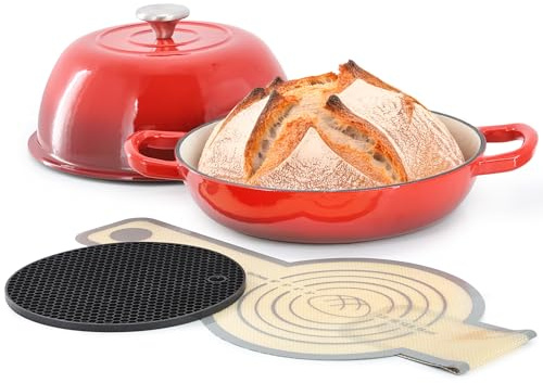 MegaChef 6 Quart emaillierter Gusseisen-Brottopf in Rot mit Backmatte, Dutch Oven, Brotofen für selbstgemachtes Brot (Rot)