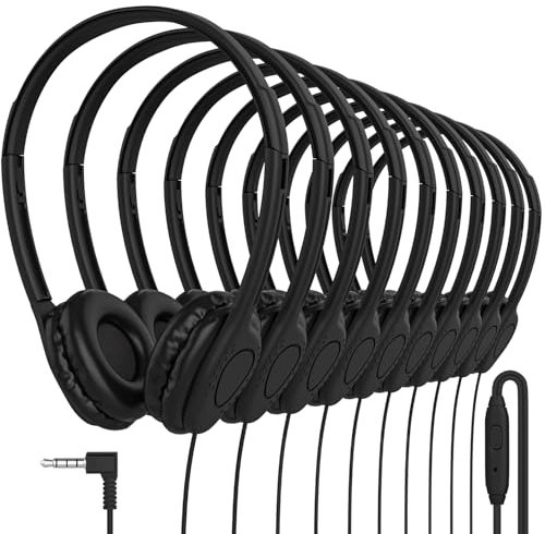 Maeline Bulk Headphones with Microphone, 10 Pack Black Wired On-Ear Headsets – 3.5mm Jack, Leatherette Cushions, Adjustable Headband – for Classrooms, Libraries, Remote Learning, Office