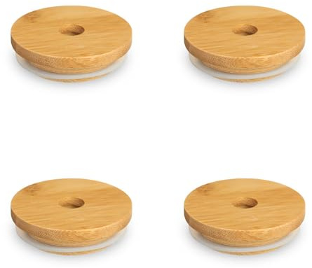 Einmachglasdeckel, 70 mm, Holz, Ersatzdeckel für Einmachflaschen, breite Öffnung, mit Strohhalmloch, wiederverwendbare Kappen, 4 Stück