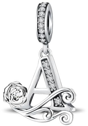 HappyStar Ciondolo con Lettera Dell'alfabeto in Argento Sterling 925 Charm Bead con Rose Pendente con Zirconia Compatibile con Pandora e Europei Bracciale Collane da Donna