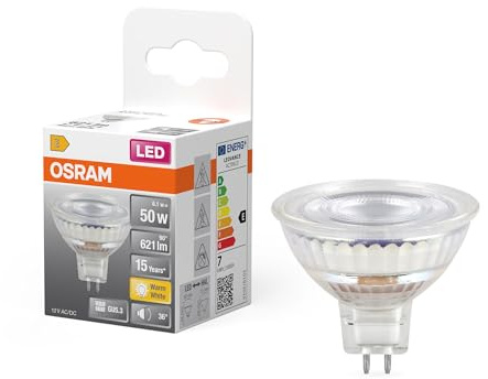 OSRAM LED-Spot Star MR16 Reflektor, 2700 K warmweiß, 6,1 W, GU5.3, 36°, 621 lm, Niedervolt, klar, für Spotbeleuchtung, Vitrinen, 15.000h