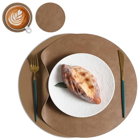PinnWaa Kunstleder Tischsets Rund 2er Set mit Untersetzern, Hellbraun/Braun | Runde, Doppelseitige Platzdeckchen mit Untersetzern, Wasserdicht, Rutschfest, Hitzebeständig, Abwischbar, für Esstisch