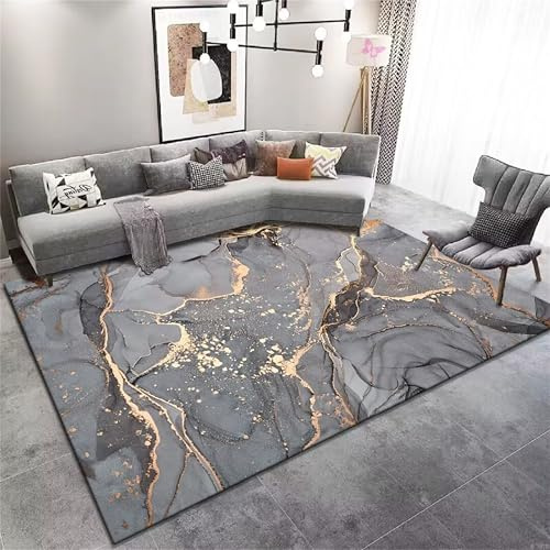 YJDRUG Grau-Gold Marmor Design Läuferteppich 160x230cm - Luxus Weicher Kinderteppich für Wohnzimmer/Schlafzimmer/Homeoffice - Modernes Wohndesign - rutschfeste Maschinenwaschbare Ausführung