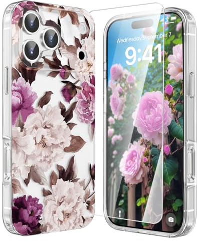 zelaxy Compatible with iPhone 17 Pro Case, Floral Patterns Protective Cover with Screen Protector, Anti-Yellow Shockproof Cases for iPhone 17 Pro 6.3'' 2025-Flower Rose