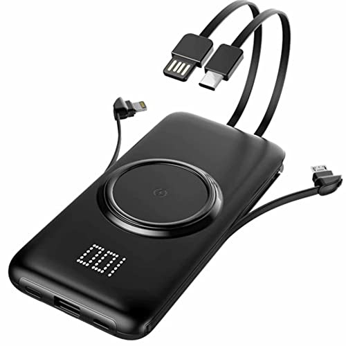 Power Bank fast charging, with Built in Cables, 20000mAh USB C pack 4 Outputs 2 Inputs with LED Type C Charger,Black,20000mAh