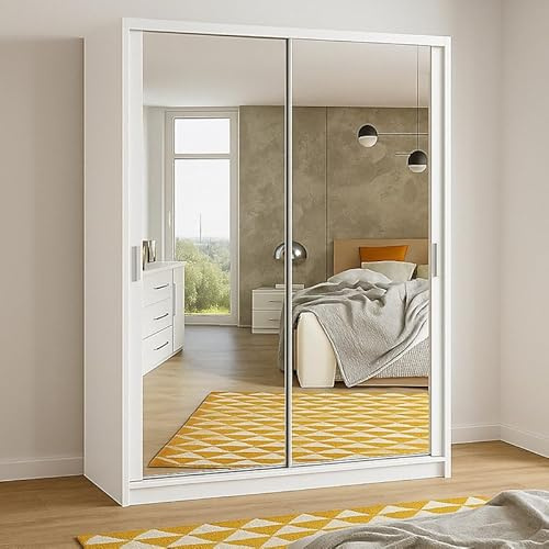 Agritrade AK BONO SZ150 Wardrobe with Sliding Mirror Doors - Modern Bedroom Storage with Hanging Rails & Shelves - 150 cm - White Matt