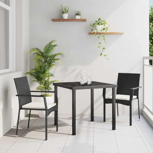 Holamys Garten Essgruppe mit Kissen 3-teilig, Schwarz Poly-Rattan, 4 Stühle & Glastisch, wetterfestes Outdoor Möbelset für Terrasse, Balkon, Essbereich