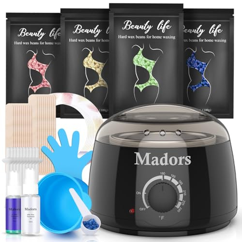 Madors Waxing Kit Wax Warmer Wax Kit for Hair Removal With 4 Wax Beads, Silicone Wax Pot for Full Body, Legs, Face, Eyebrows, Bikini, Brazilian at Home (Black Waxing Kit)