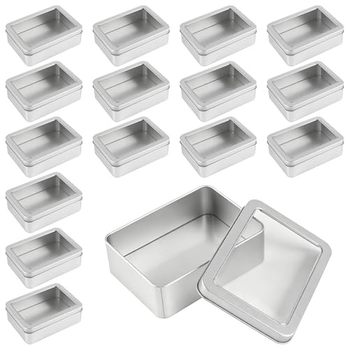 CHEUKYIU 16 Stück Metalldose mit Sichtfenster, 12.5x9x4cm Silber Weißblech Kleine Metalldose mit Deckel Keksdose Metall, Kartenspiel Box für Kartenspiele Kekse Aufbewahrung