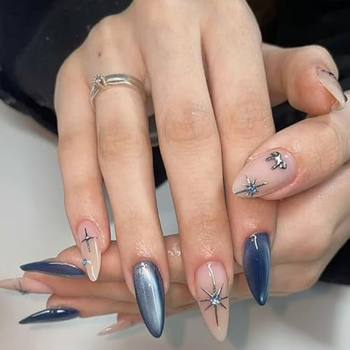 24pcs Long Almond False Nails Blue Cat Eye Press on Nails Nude Pink | Stick on Nail Tips, Silver Starburst Design, Removable Glue-on Fake Nail Art Accessories for Women