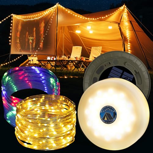 Camping Lichterkette Aufrollbar 10M, 4-in-1 Campinglampe mit Solaraufladung Tragbare Wiederaufladbare LED Lichterkette mit 8 Beleuchtungsmodi für Camping, Wandern und Hof Dekoration