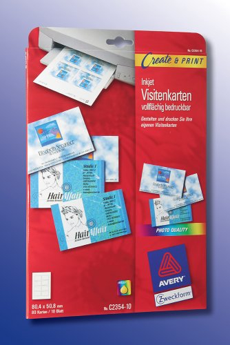 Avery Zweckform, C2354-10, 10 Blatt, Inkjet Visitenkarten, mikroperforiert, vollflächig bedruckbar, 80, 4 x 50, 8mm