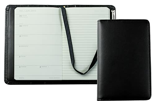 DELMON VARONE - Personalisierbarer Taschenkalender 2026 Boxcalf Leder schwarz - Organizer Terminplaner (1 Woche 1 Seite) - Buch-Kalender Hardcover Einband - Notizbuch Kalenderbuch Stiftschlaufe