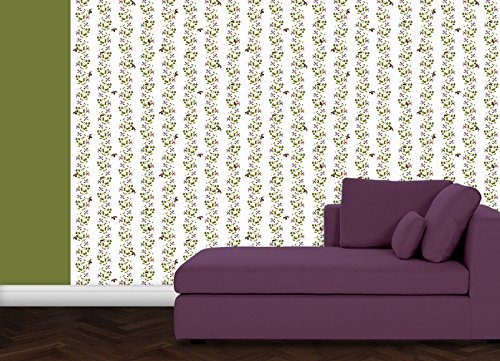 nostalgische Vliestapete Das Gesumms – die Klematis Streifen Tapete mit rosa lila Blüten und Maikäfern - Blumen Vliestapete GMM Wandtapete für edle Wohnakzente (Muster 20 x 46,5cm)